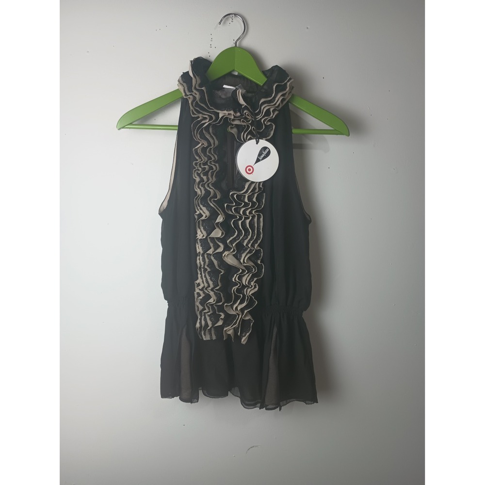 Robert Rodriguez Neiman Marcus Target Ruffled Top Black Tan Lace Trim Small NWT